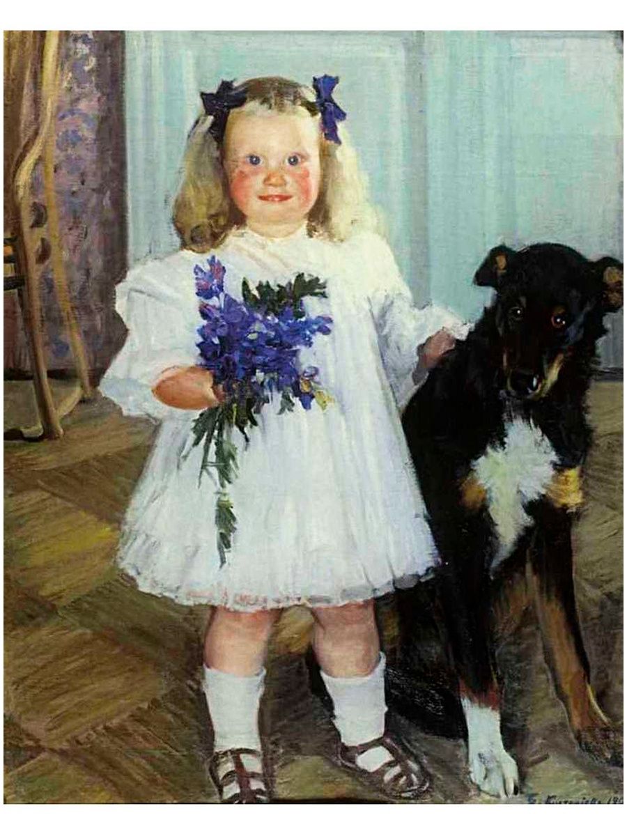 Кустодиев портрет Ирины Кустодиевой с собакой шумкой 1907
