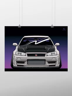 Постер 50x70 см, Nissan Skyline R34 GTR, white