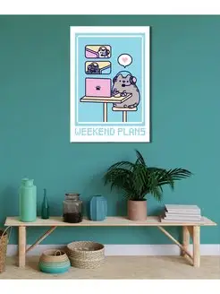 Картина Кот Пушин Pusheen играет в компьютер 20х30