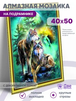 Алмазная мозаика Два серых волка на фоне гор и луны 40x50